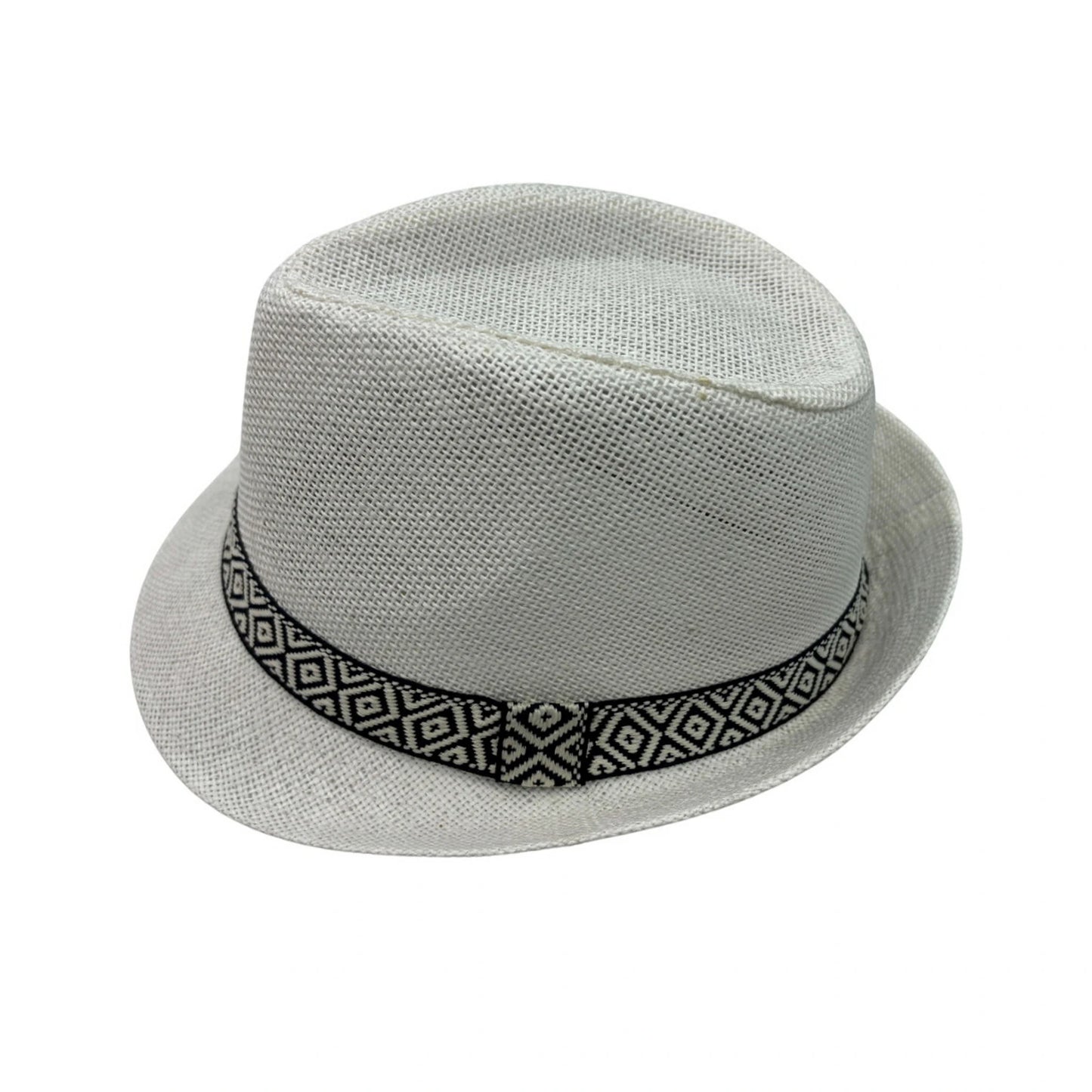 Straw Trilby Hat | Short Curved Brim with Black & White Tribal Band – White