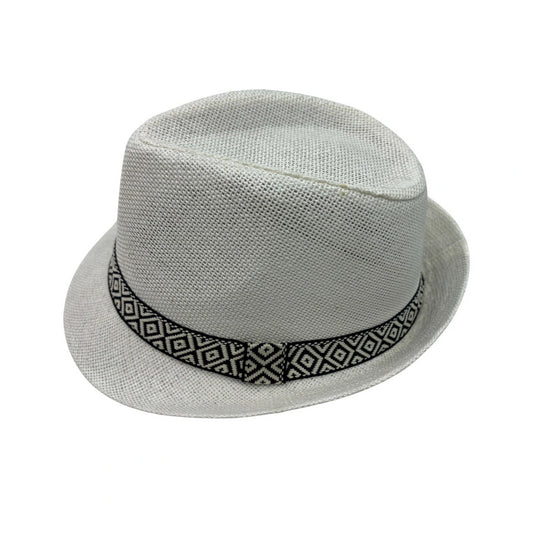 Straw Trilby Hat | Short Curved Brim with Black & White Tribal Band – White