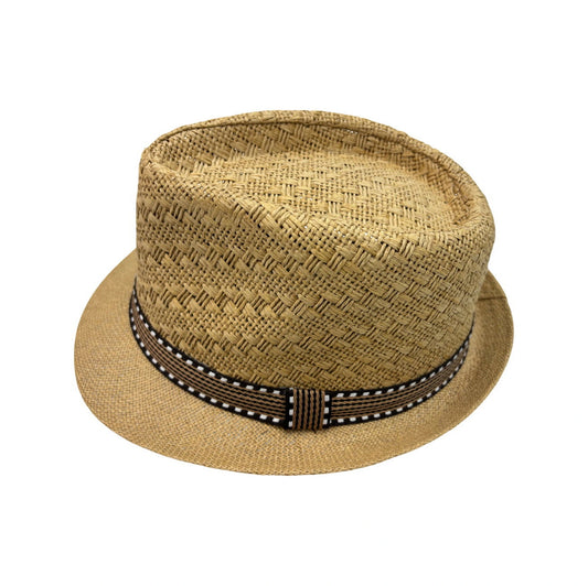 Straw Trilby Hat | Short Curved Brim with Brown & Black-White Striped Band – Natural
