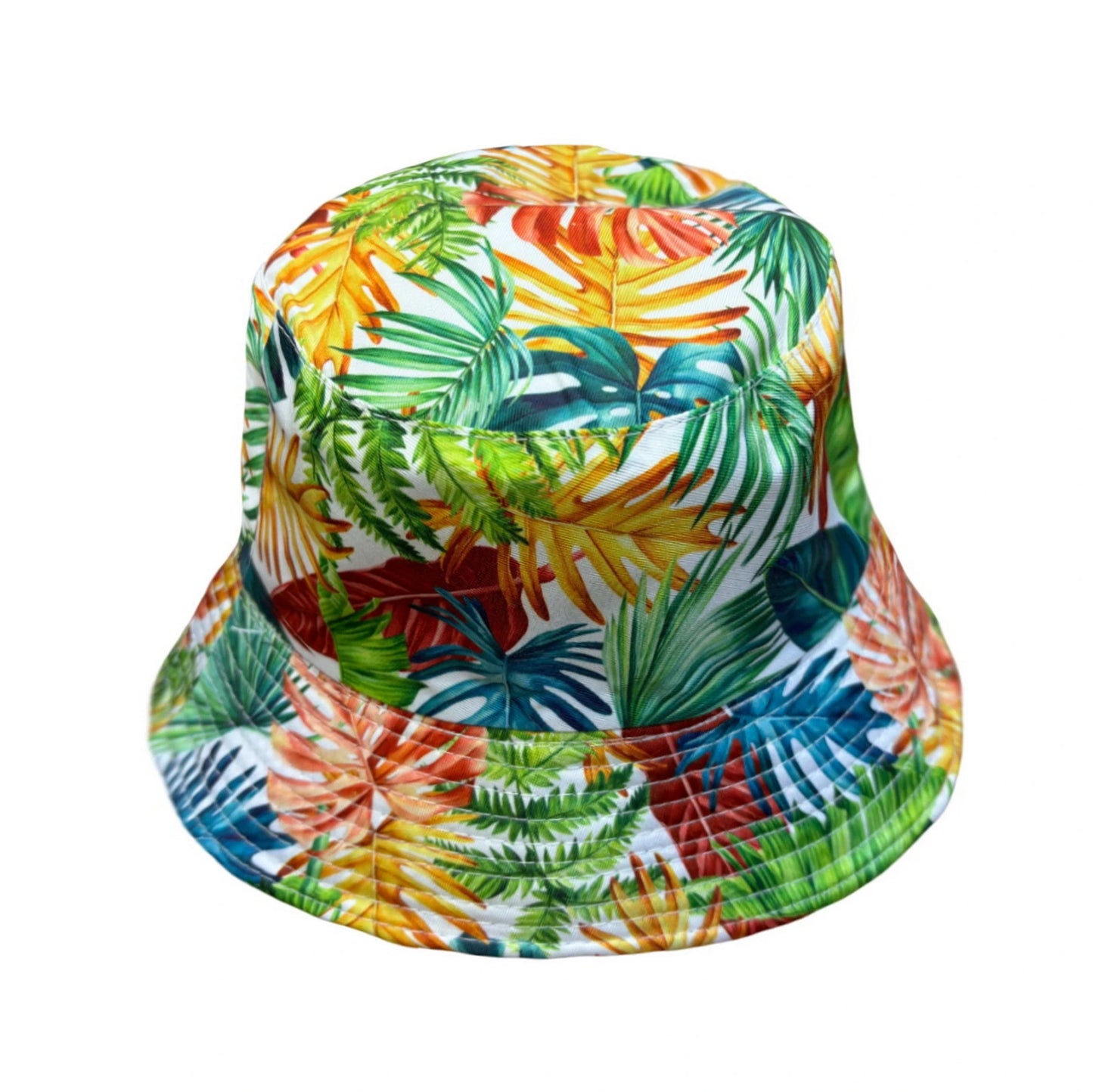 Patterned Bucket Hat | Multicolour Tropical Leaf Print – White