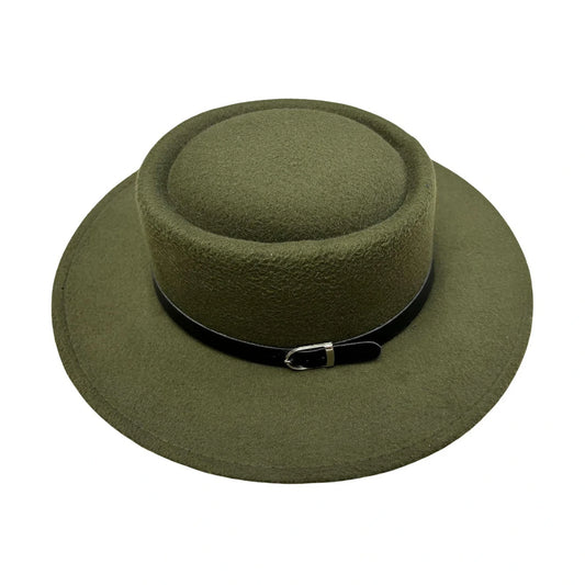 Fashion Hat | Green Boater Hat with Black Buckle Band – Green