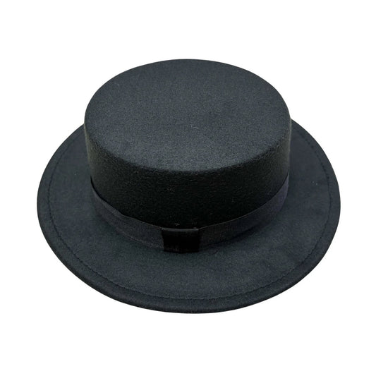 Fashion Hat | Black Minimalist Boater Hat with Ribbon Band – Black