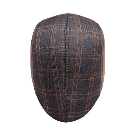 Flat Cap | Plaid with Brown Leather Panels – Dark Grey