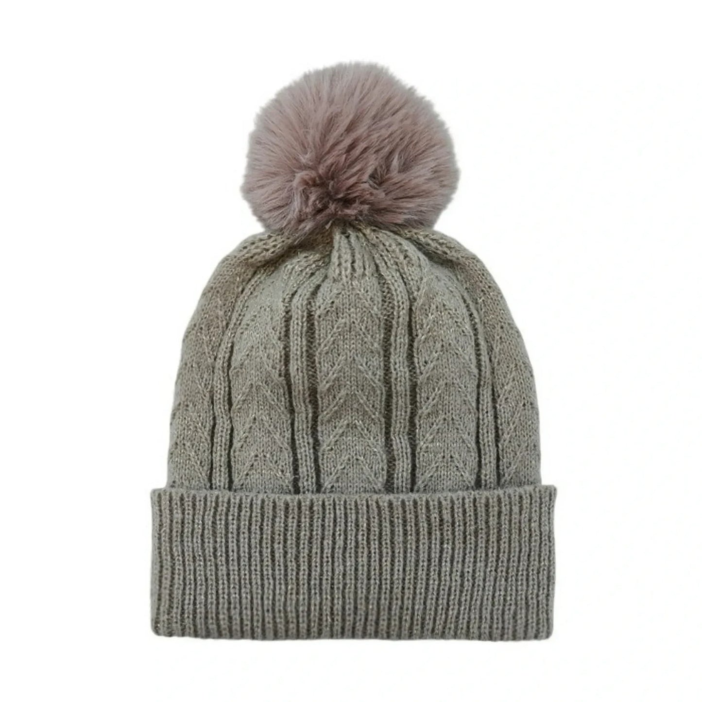 Fashion Bobble Hat | Rib & Cable Knit Two-Tone Pom-Pom Beanie – Sage Green