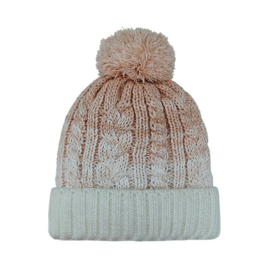 Fashion Bobble Hat | Women's Marled Cable Knit Two-Tone Pom-Pom Beanie – Blush & Cream