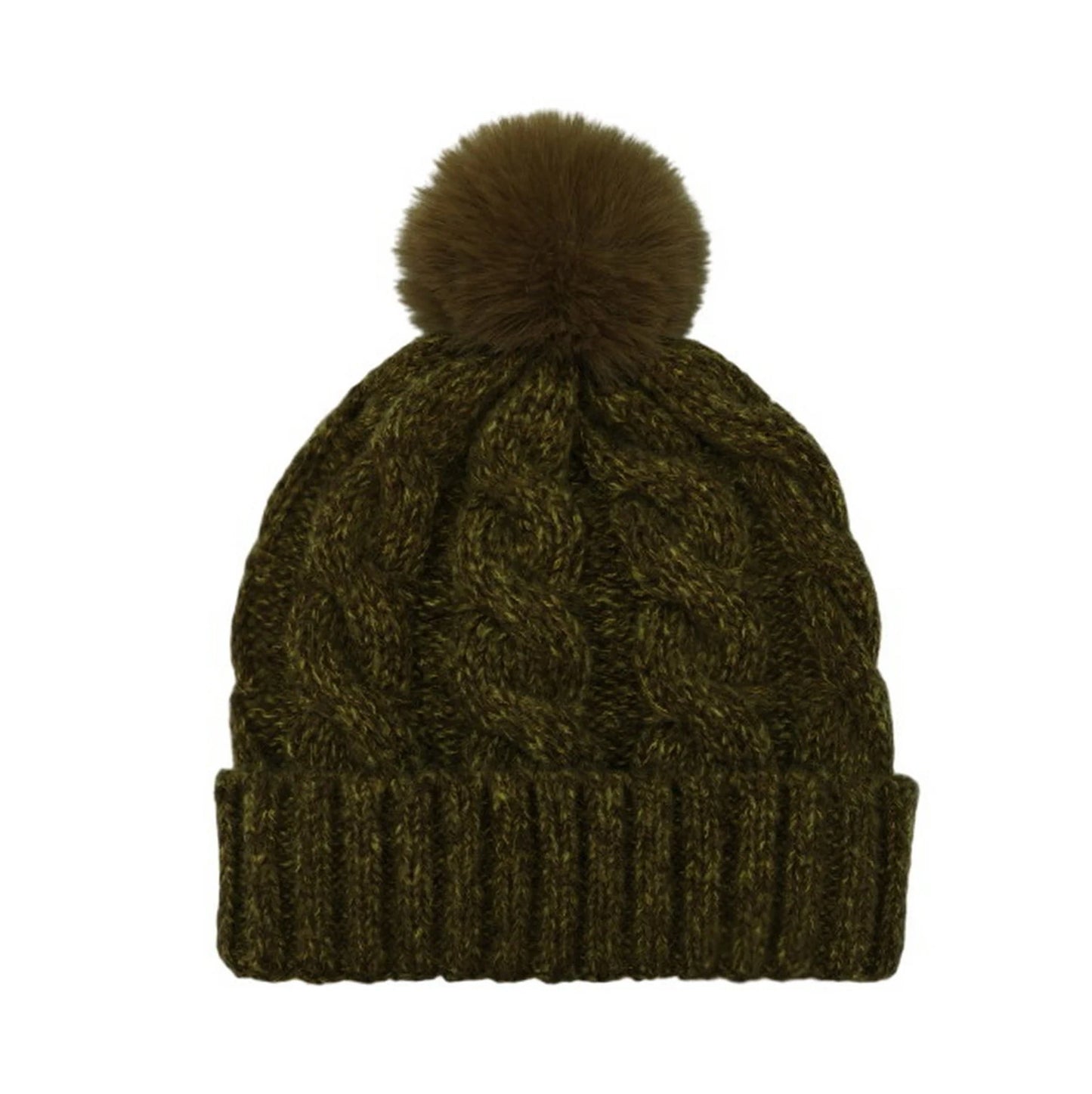 Fashion Bobble Hat | Women's Chunky Cable Knit Pom-Pom Beanie – Olive Green