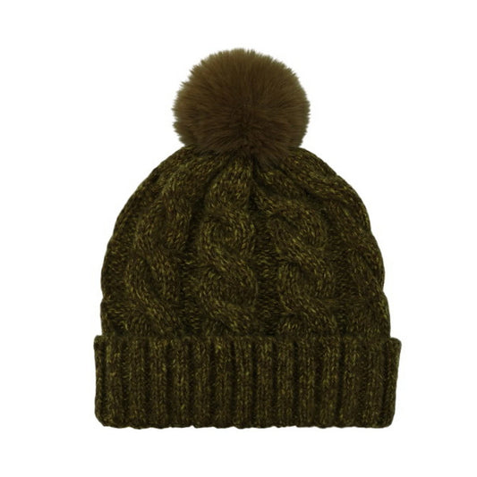 Fashion Bobble Hat | Women's Chunky Cable Knit Pom-Pom Beanie – Olive Green