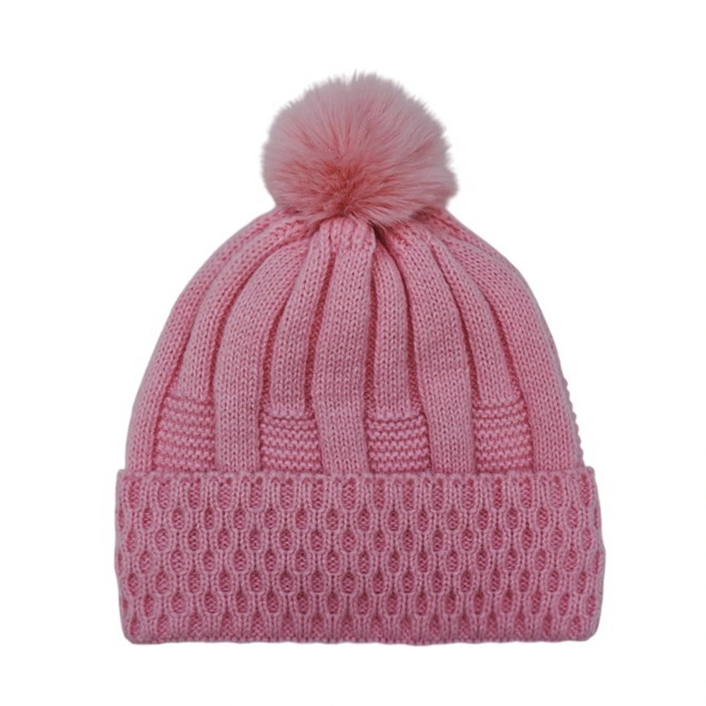 Fashion Bobble Hat | Women's Rib & Honeycomb Knit Pom-Pom Beanie – Rose Pink