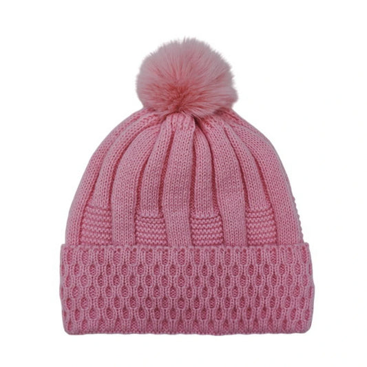 Fashion Bobble Hat | Women's Rib & Honeycomb Knit Pom-Pom Beanie – Rose Pink