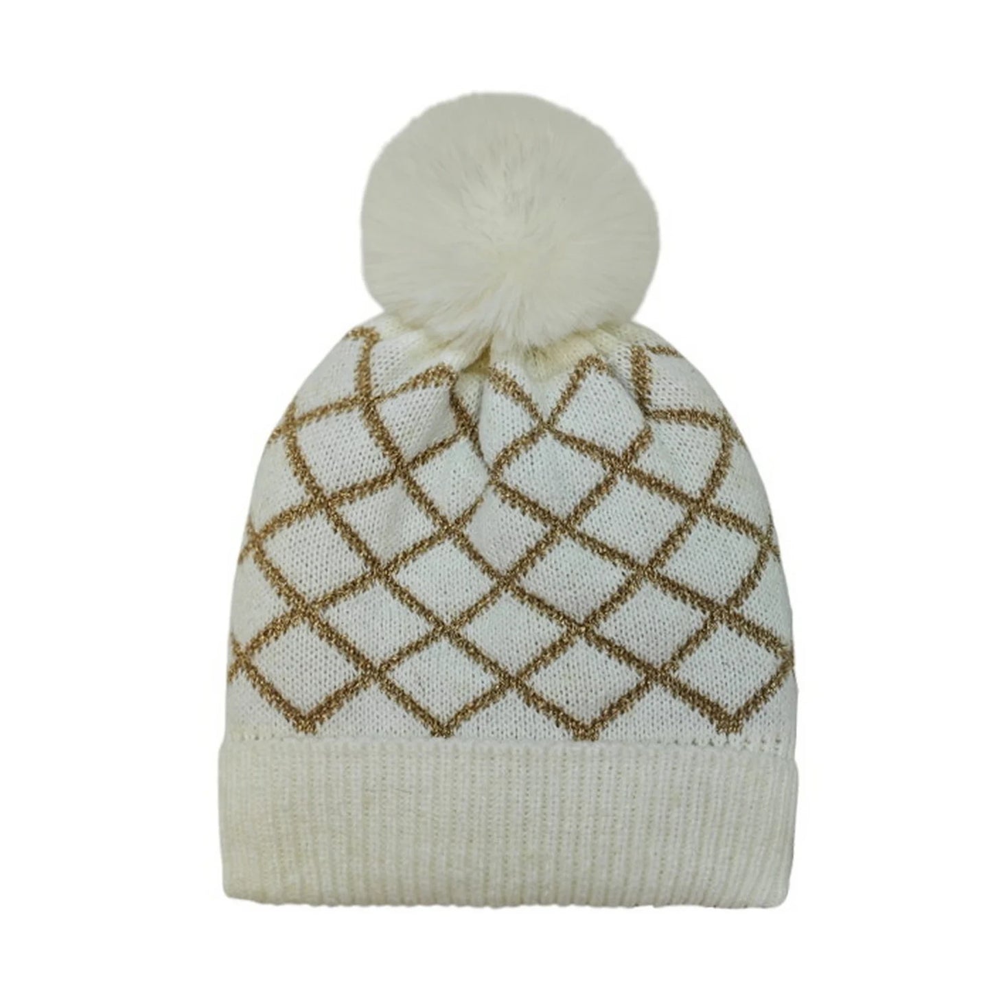 Fashion Bobble Hat | Metallic Diamond Knit Pom-Pom – Cream & Gold