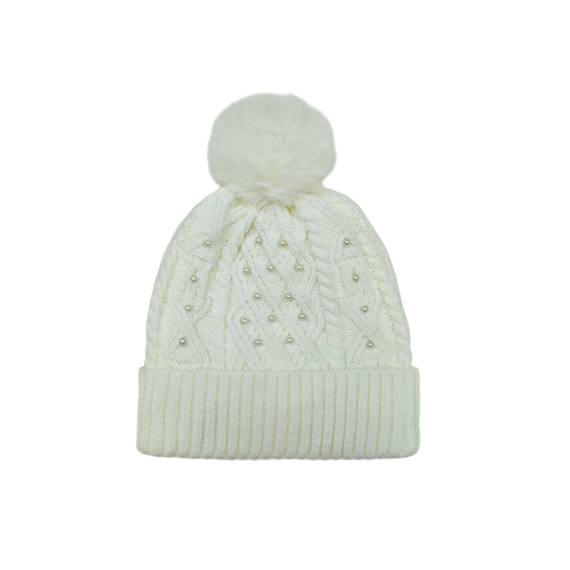 IGO2507465 Pearl Embellished Cable Knit Fashion Bobble Hat