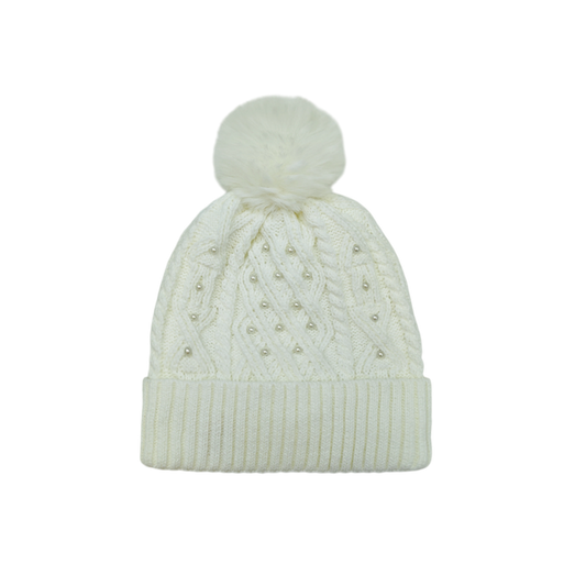 IGO2507465 Pearl Embellished Cable Knit Fashion Bobble Hat