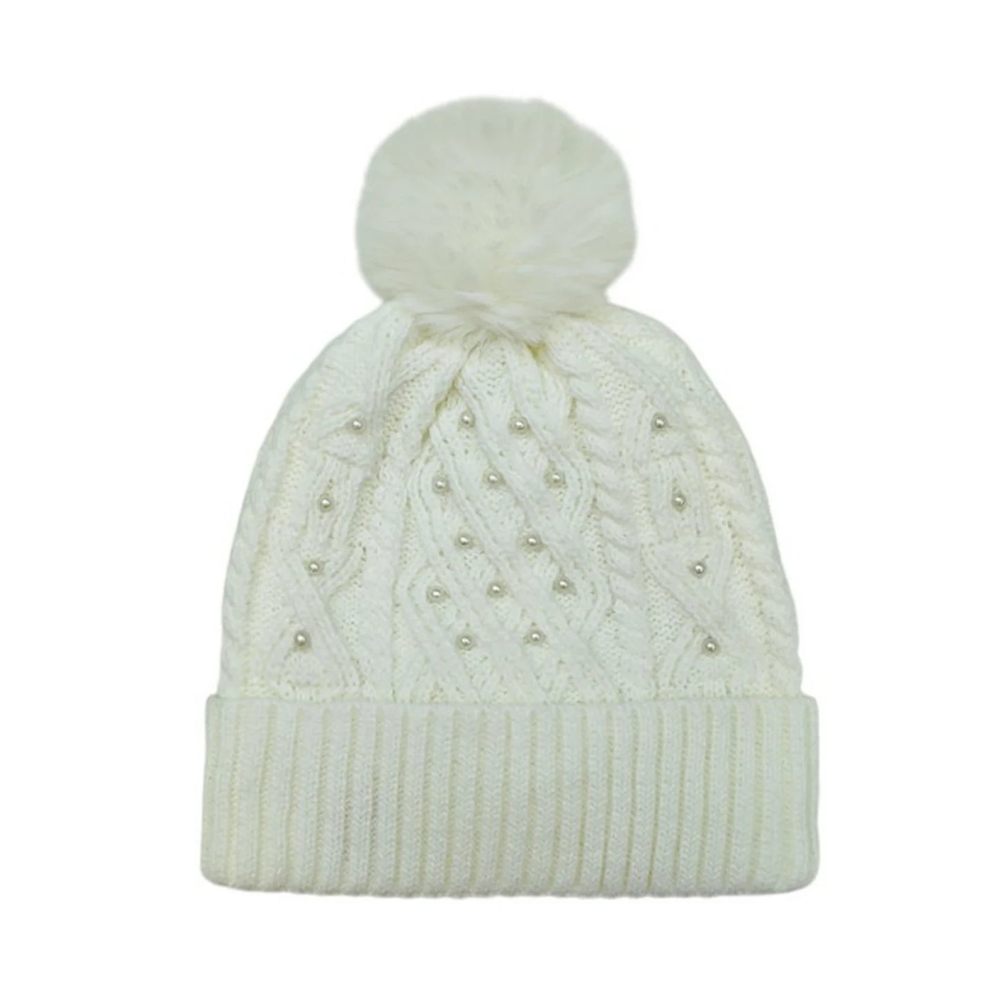 Fashion Bobble Hat | Cable Knit Pearl Pom-Pom – Cream