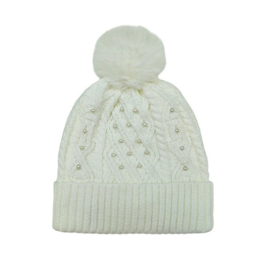 Fashion Bobble Hat | Cable Knit Pearl Pom-Pom – Cream