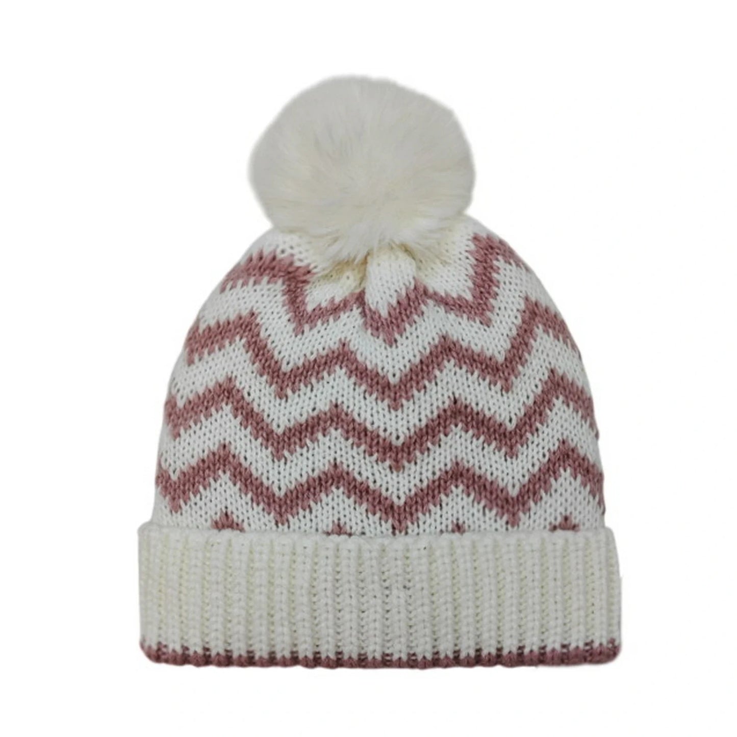 Fashion Bobble Hat | Chevron Knit Pom-Pom – Cream & Pink