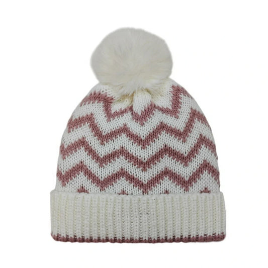 Fashion Bobble Hat | Chevron Knit Pom-Pom – Cream & Pink