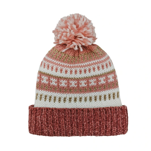 Fashion Bobble Hat | Fair Isle Metallic Chenille Pom-Pom – Blush & Gold