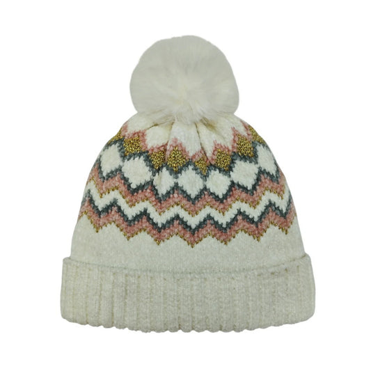 Fashion Bobble Hat | Geometric Metallic Knit Pom-Pom – Cream & Blush