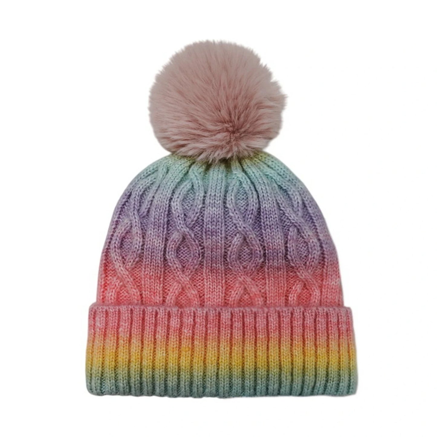 Fashion Bobble Hat | Rainbow Ombre Cable Knit Pom-Pom – Multicolour