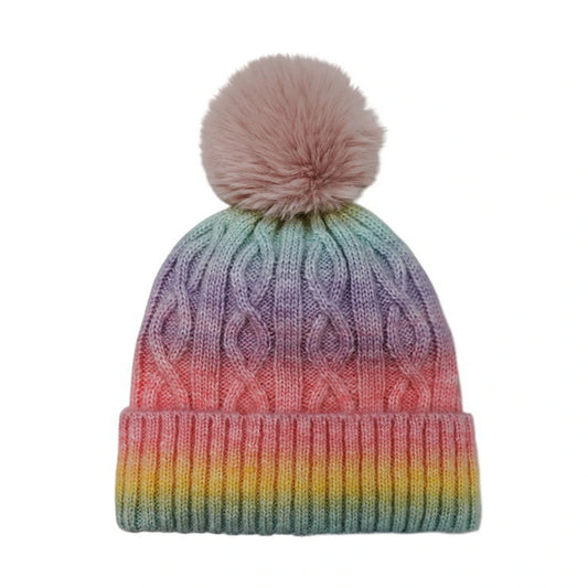 Fashion Bobble Hat | Rainbow Ombre Cable Knit Pom-Pom – Multicolour