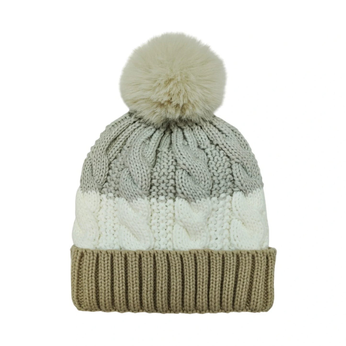 Fashion Bobble Hat | Ombre Cable Knit Pom-Pom – Grey, Cream & Beige