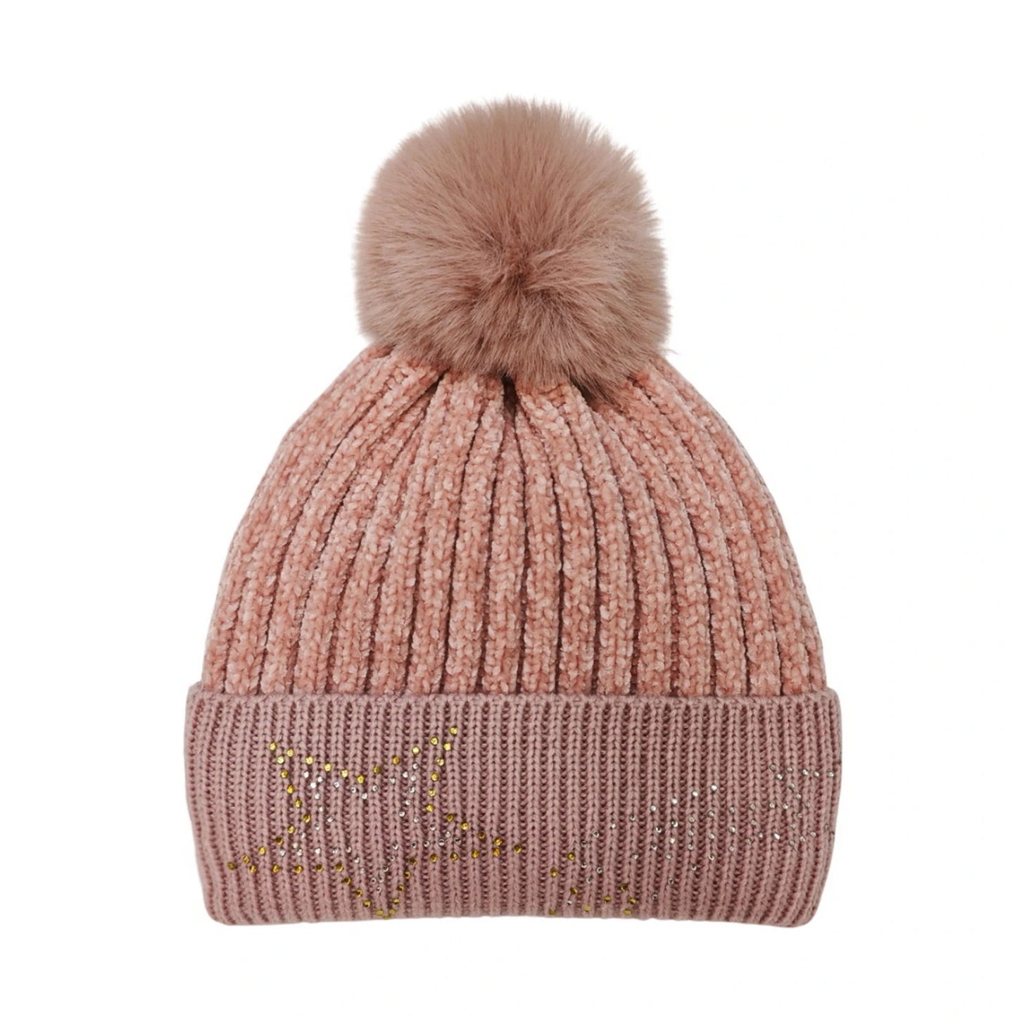 Fashion Bobble Hat | Chenille Rhinestone Pom-Pom – Blush Pink