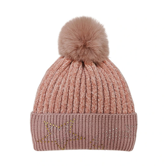 Fashion Bobble Hat | Chenille Rhinestone Pom-Pom – Blush Pink