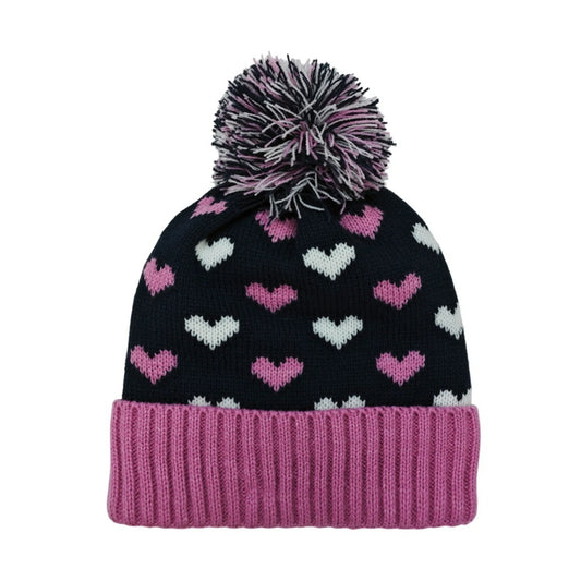 Fashion Bobble Hat | Heart Print Pom-Pom – Black & Pink