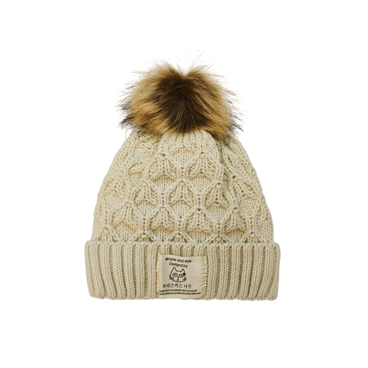 IGO2507473 Label Decorated Diamond Knit Fashion Bobble Hat