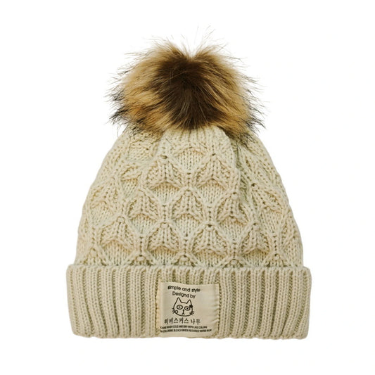 Fashion Bobble Hat | Cable Knit Pom-Pom with Cat Label – Cream