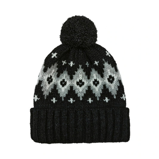 Fashion Bobble Hat | Fair Isle Pattern Pom-Pom – Black