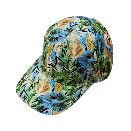 Patterned Baseball Cap | Tropical Palm Leaf Print – Green & Blue