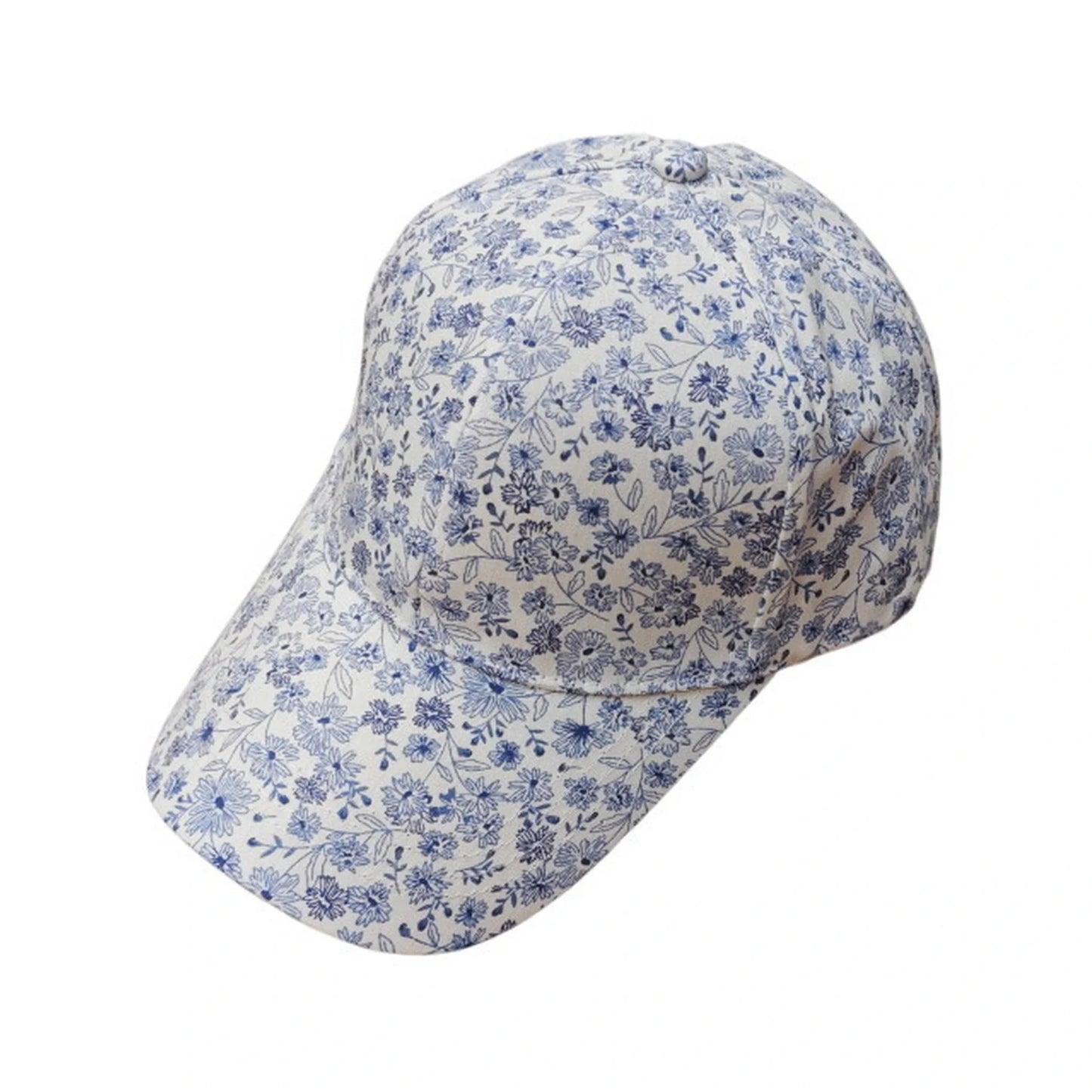 Patterned Baseball Cap | Blue Willow Floral Print – White & Navy