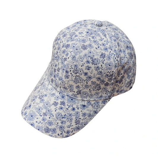 Patterned Baseball Cap | Blue Willow Floral Print – White & Navy