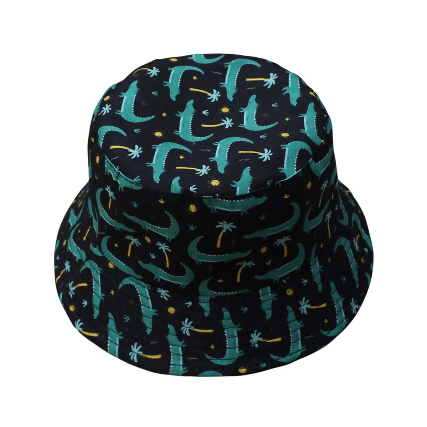 Patterned Bucket Hat | Kids Cartoon Crocodile Print – Black & Teal