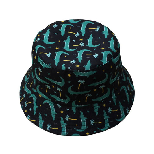 Patterned Bucket Hat | Kids Cartoon Crocodile Print – Black & Teal