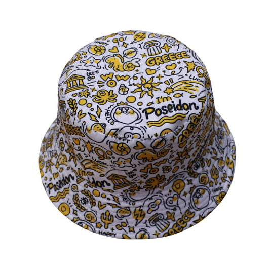 Patterned Bucket Hat | Kids Greek Mythology Doodle Print – White & Yellow