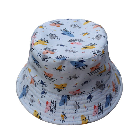 Patterned Bucket Hat | Kids Colourful Shark Print – Light Blue