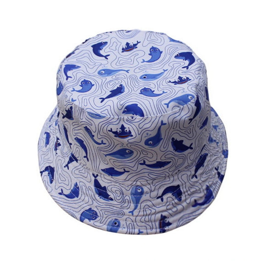 Patterned Bucket Hat | Kids Cartoon Sea Creatures Print – White & Blue