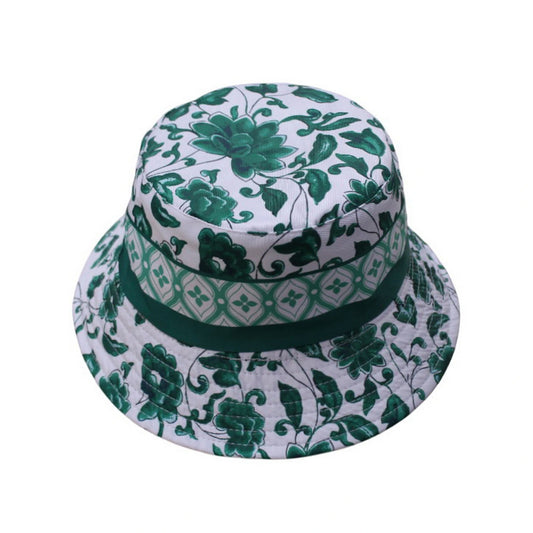 Patterned Bucket Hat | Chinoiserie Floral Print – Green & White