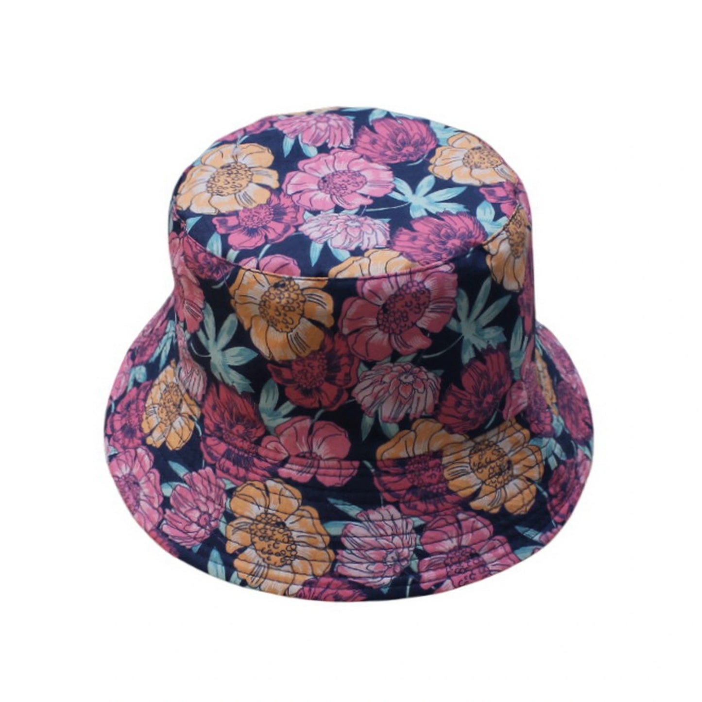 Patterned Bucket Hat | Vintage Bold Floral Print – Navy & Multi