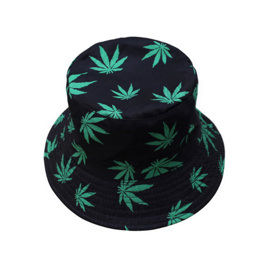 Patterned Bucket Hat | Cannabis Leaf Print – Black & Green