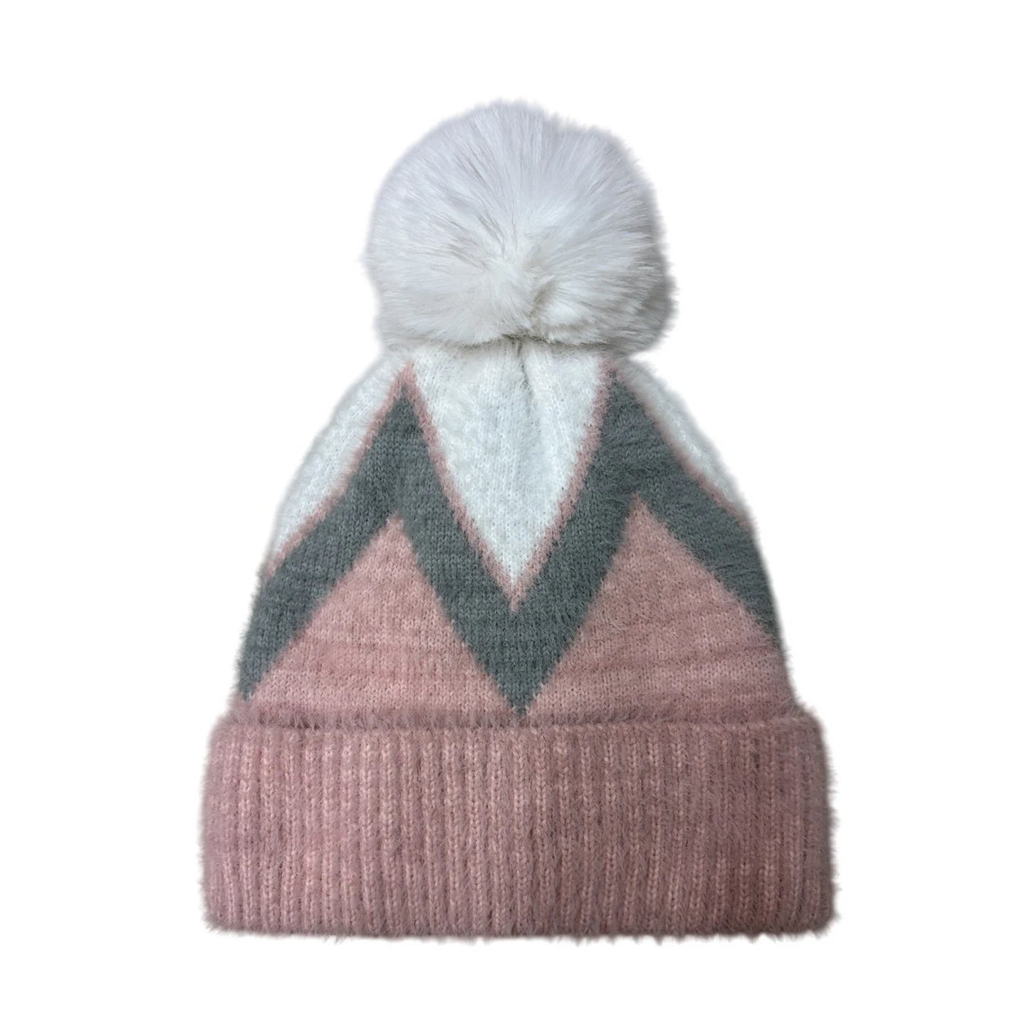 Fashion Bobble Hat | Chevron Pattern Pom-Pom Design – Dusty Pink