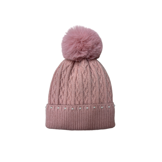 IGO2507501 Pearl Embellished Cable Knit Basic Bobble Hat
