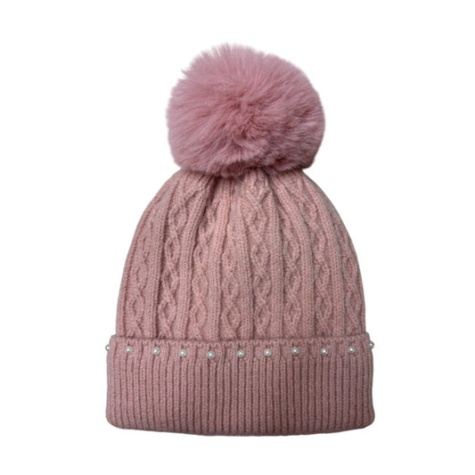 Fashion Bobble Hat | Cable Knit Pearl Trim Pom-Pom Design – Pink