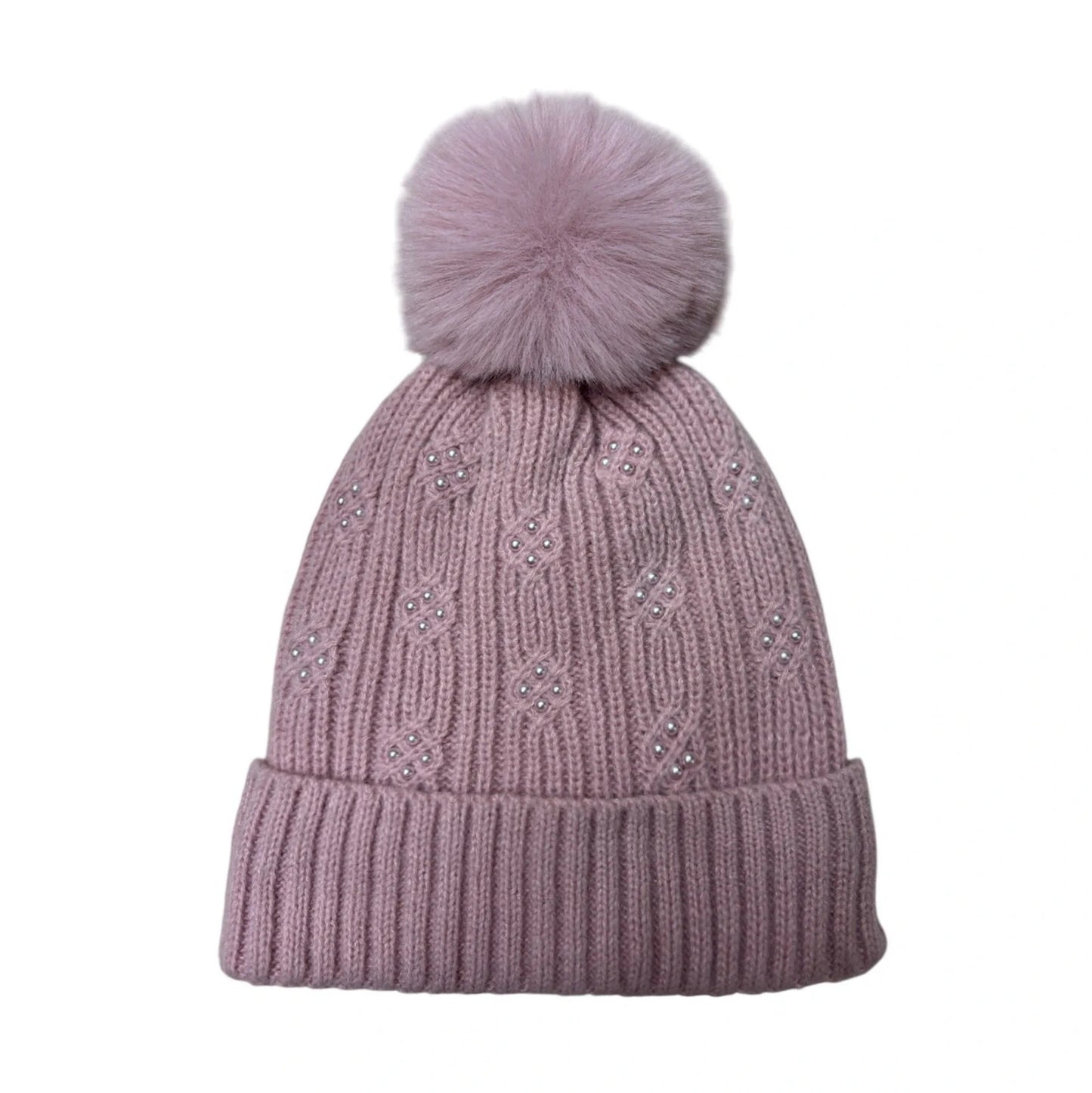 Fashion Bobble Hat | Cable Knit Pearl Cluster Pom-Pom Design – Dusty Pink