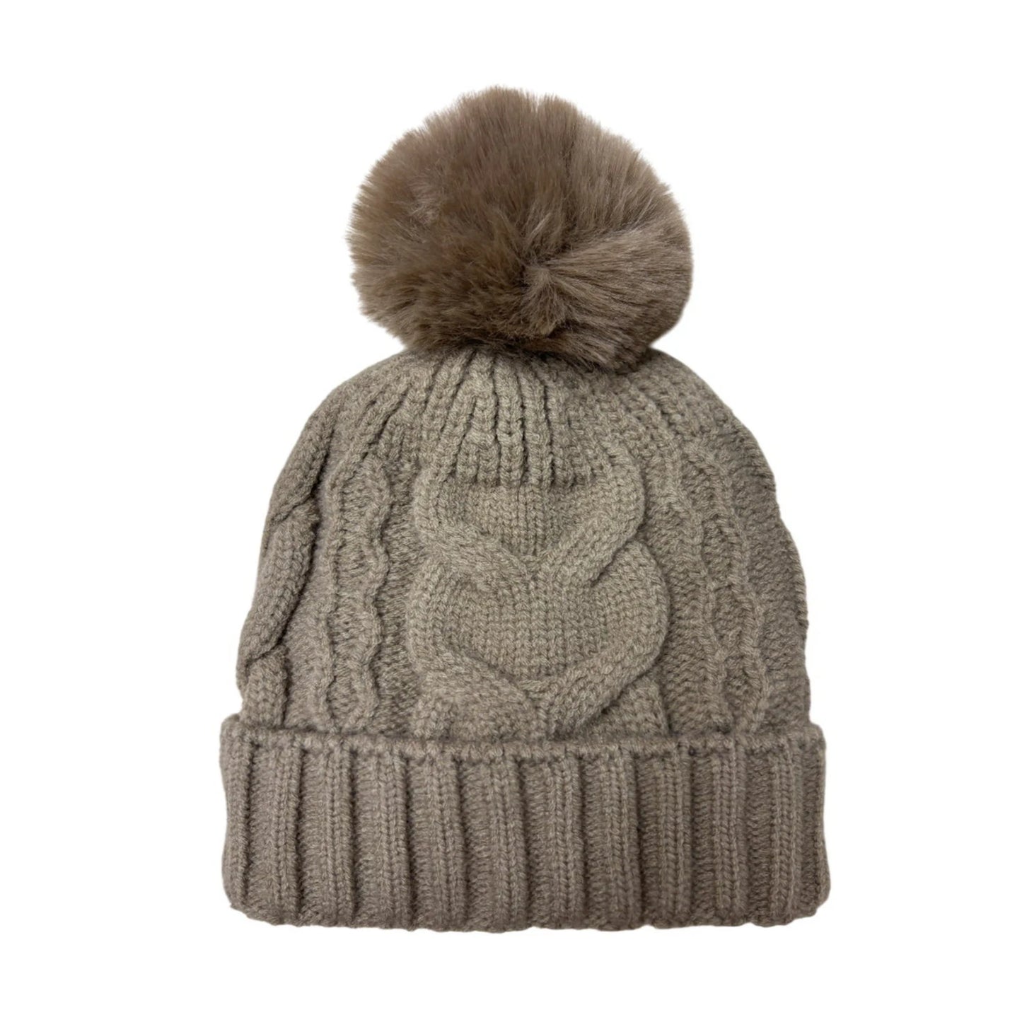 Fashion Bobble Hat | Heart Cable Knit Pom-Pom Design – Light Brown