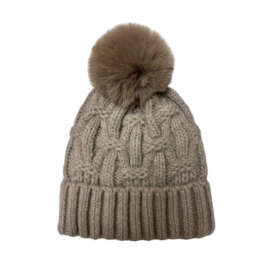 Fashion Bobble Hat | Basketweave Cable Knit Pom-Pom Design – Light Brown