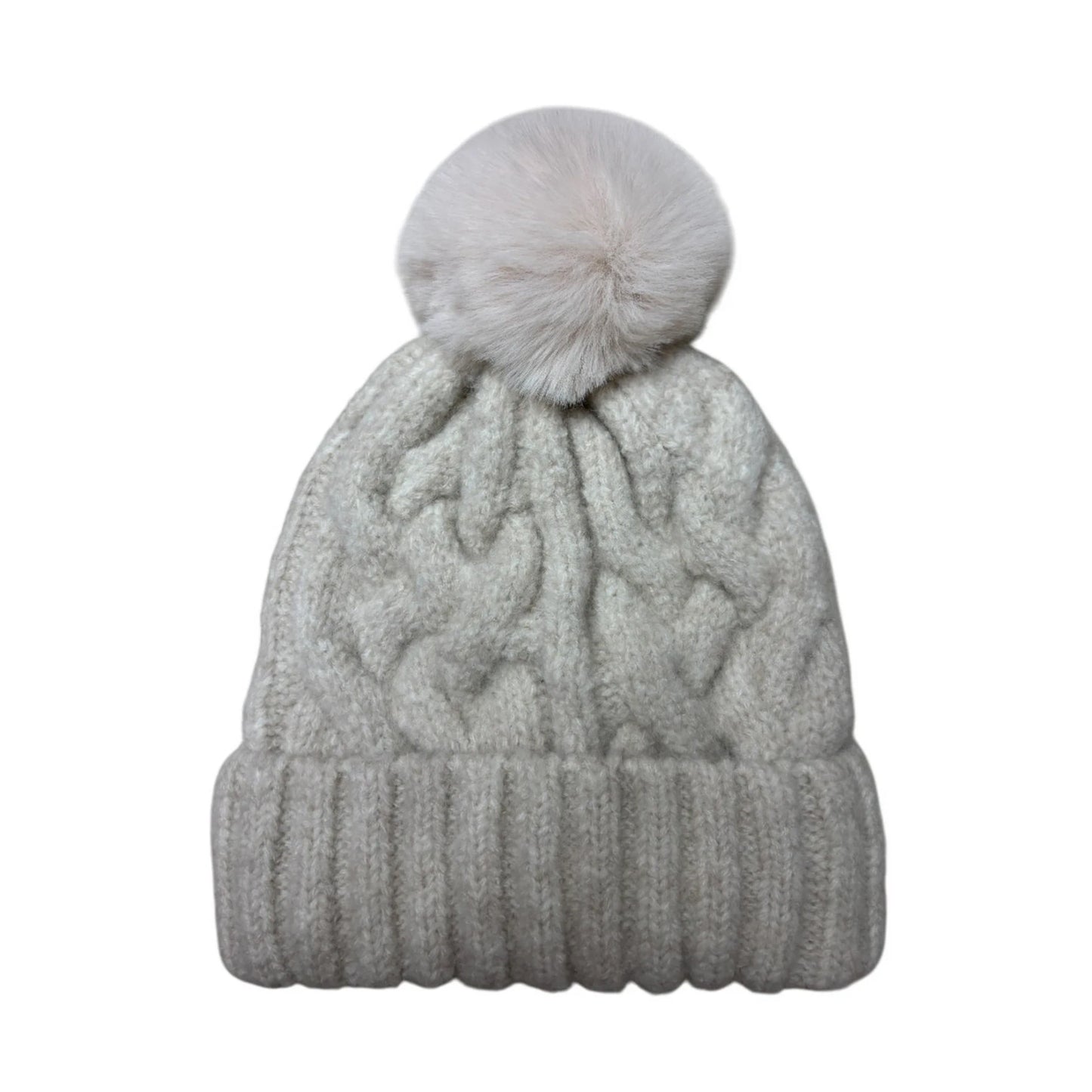 Fashion Bobble Hat | Chunky Cable Knit Pom-Pom Design – Cream