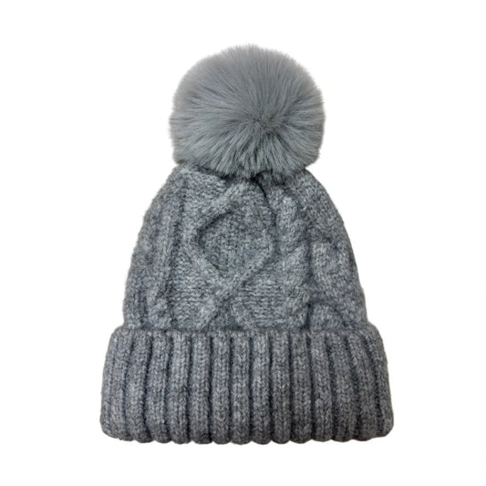 Fashion Bobble Hat | Chunky Cable Knit Pom-Pom Design – Grey